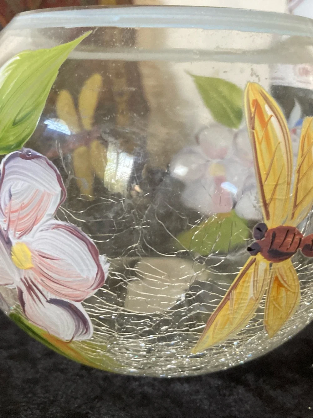 Crystal Hand-Painted Dragonfly Crackle Glass Bowl Vase - Pink Flowers Yellow
